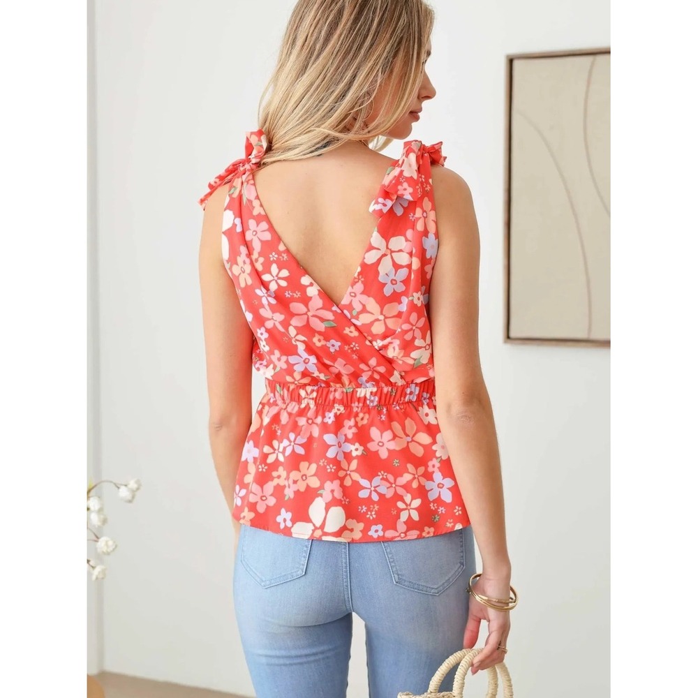 fab'rik Floral Surplice Peplum Tie Shoulder Top Medium Coral Red - Picture 2 of 8